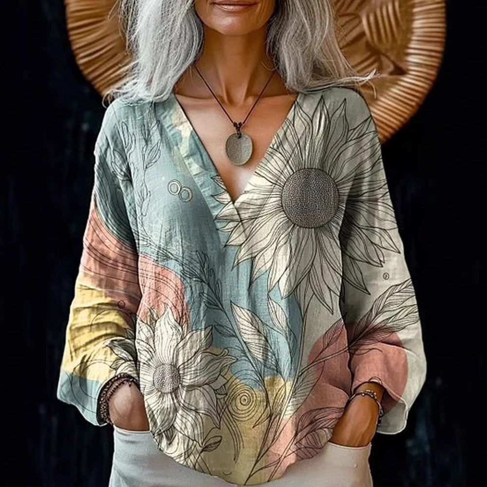 Damen Boho-Leinenmischung Tunika-Bluse mit V-Ausschnitt und floraler Aquarellstickerei Shop Nory
