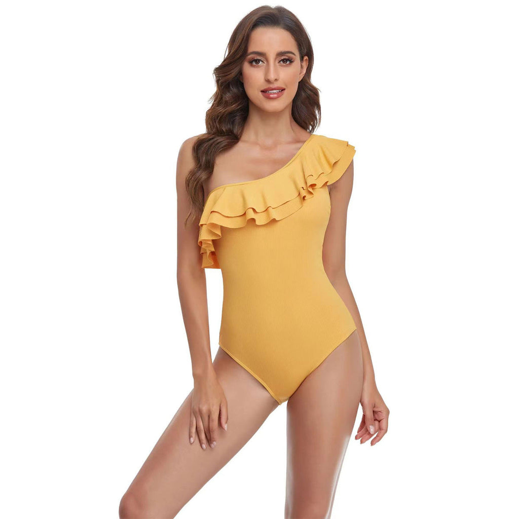 Damen Einteiler Badeanzug mit asymmetrischem Rüschendesign