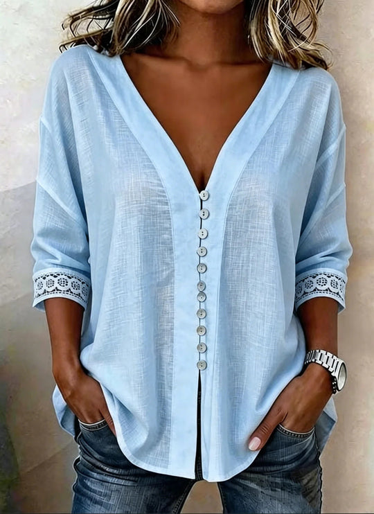 Damen Leichte V-Ausschnitt-Bluse mit Zierknopfleiste und Häkelspitzenärmeln Shop Nory