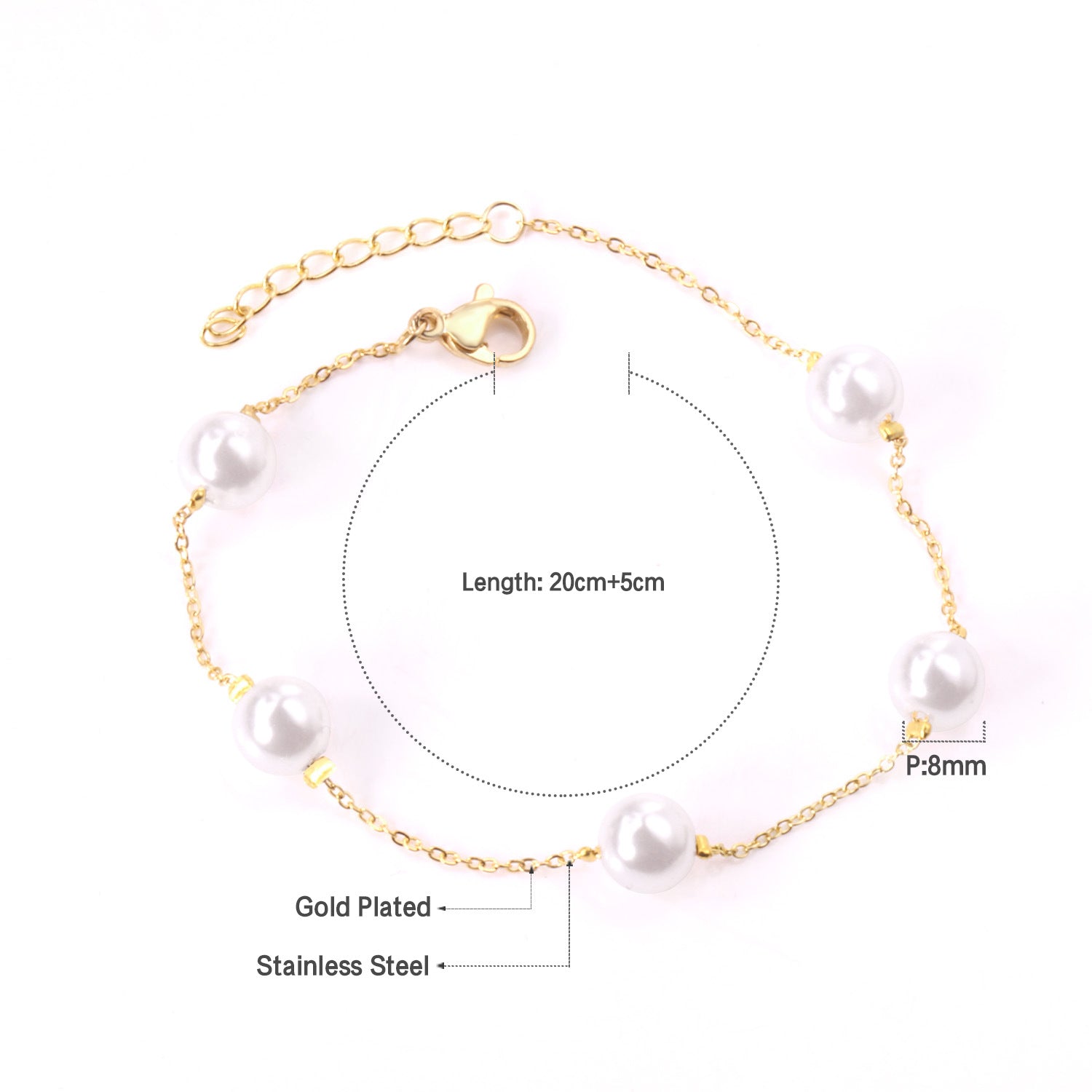 Damen Perlenarmband aus antiallergischem Edelstahl mit verstellbarem Verschluss Shop Nory