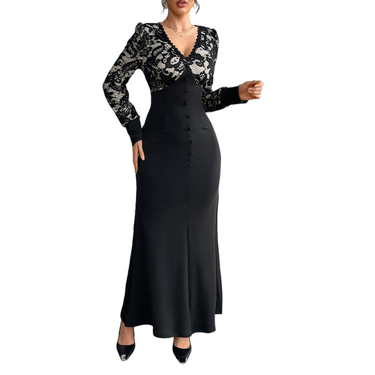 Damen Figurbetontes Maxikleid mit Spitzenoberteil, V‑Ausschnitt und Zierknopfleiste Shop Nory