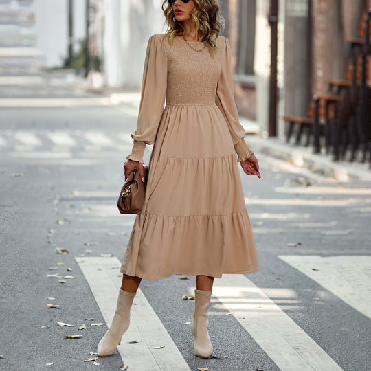 Damen nan gerafftes Midikleid mit Smok-Oberteil, ballonförmigen Ärmeln und stufigem Volantrock Shop Nory