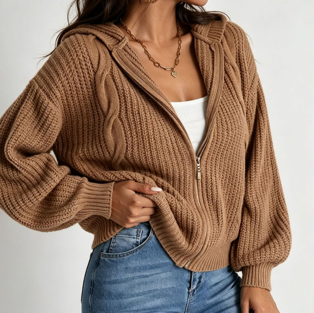 Damen Kapuzen-Cardigan im Grobstrick mit Zopfmuster und Reißverschluss Shop Nory