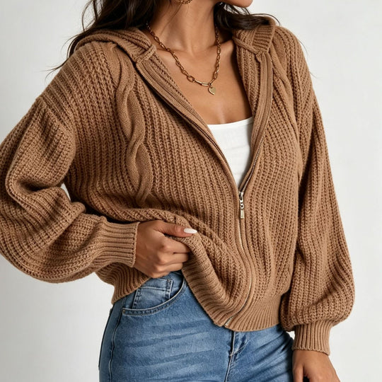 Damen Kapuzen-Cardigan im Grobstrick mit Zopfmuster und Reißverschluss Shop Nory
