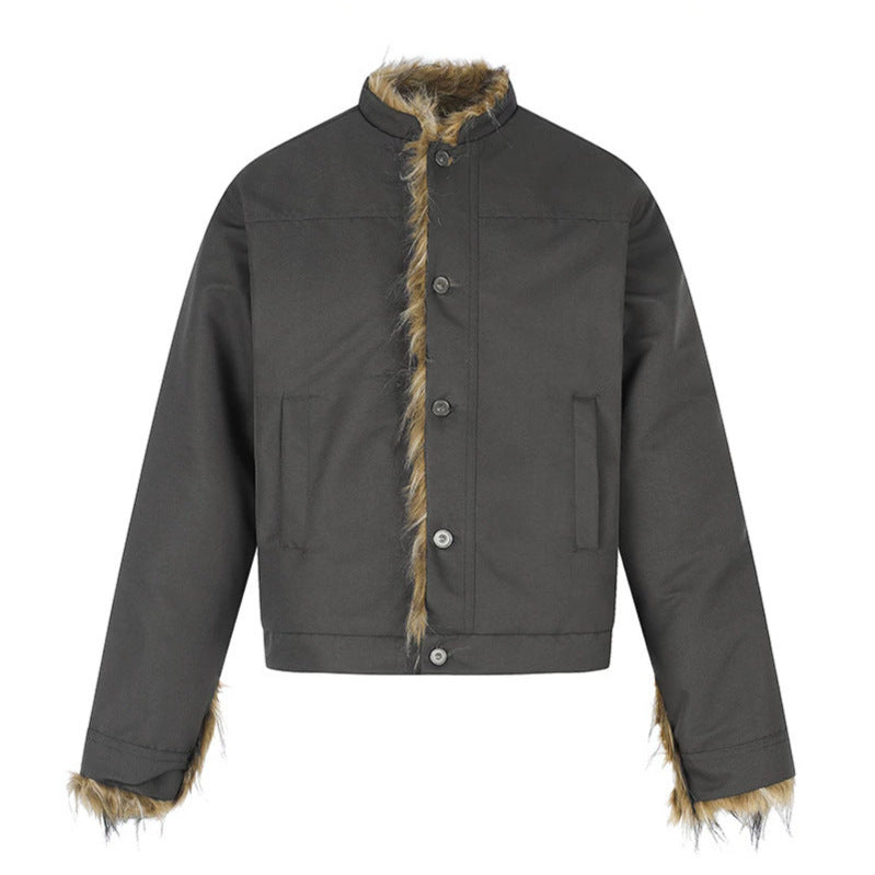 Damen Kurzjacke mit Kunstfellfutter, Stehkragen und verdeckter Knopfleiste Shop Nory