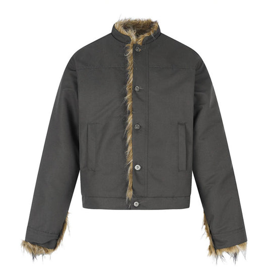 Damen Kurzjacke mit Kunstfellfutter, Stehkragen und verdeckter Knopfleiste Shop Nory
