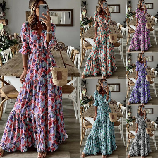 Damen Maxikleid mit Blumenprint, V‑Ausschnitt, Stufenvolant und Tunnelzugtaillen Shop Nory