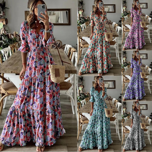Damen Maxikleid mit Blumenprint, V‑Ausschnitt, Stufenvolant und Tunnelzugtaillen Shop Nory