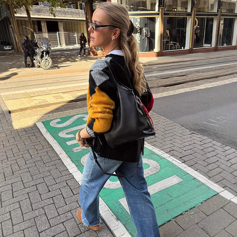 Damen Oversize Argyle-Pullover aus Mohair-Mix mit Rundhalsausschnitt und kontrastierenden Rautendetails Shop Nory
