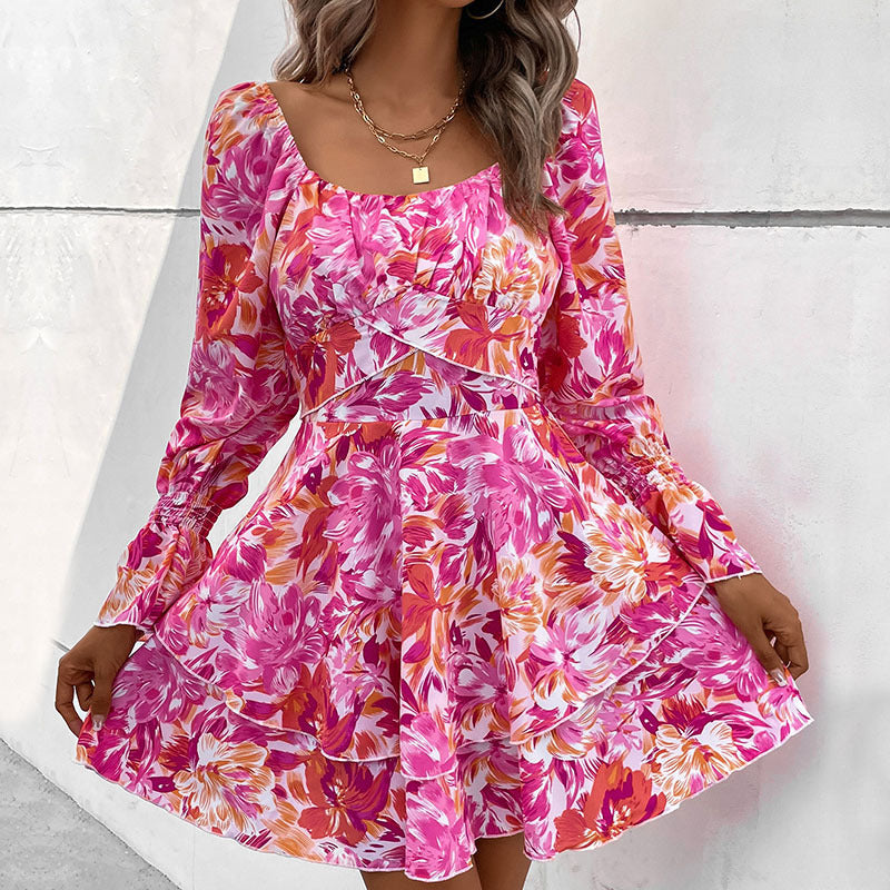 Damen Florales Rüschiges Skaterkleid mit Carmen-Ausschnitt, Taillennaht & Volantstufen Shop Nory