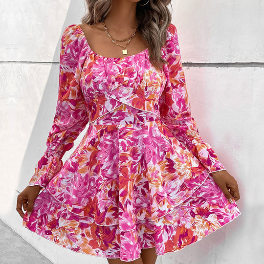 Damen Florales Rüschiges Skaterkleid mit Carmen-Ausschnitt, Taillennaht & Volantstufen Shop Nory