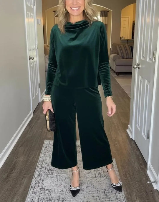 Damen Elegantes Samt-Zweiteiler mit Wasserfallkragen und weiter Culotte-Hose Shop Nory
