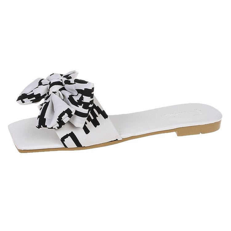 Damen Flache Riemen-Slides mit großem Stoffknoten und quadratischer Zehenpartie Shop Nory