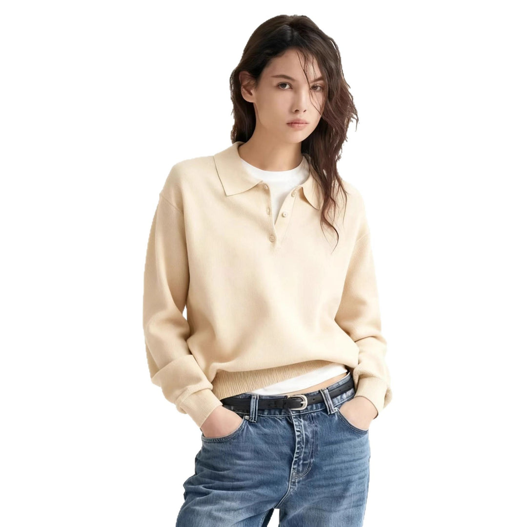Damen Feinstrick-Polo-Sweater mit Knopfleiste und geripptem Saum Shop Nory