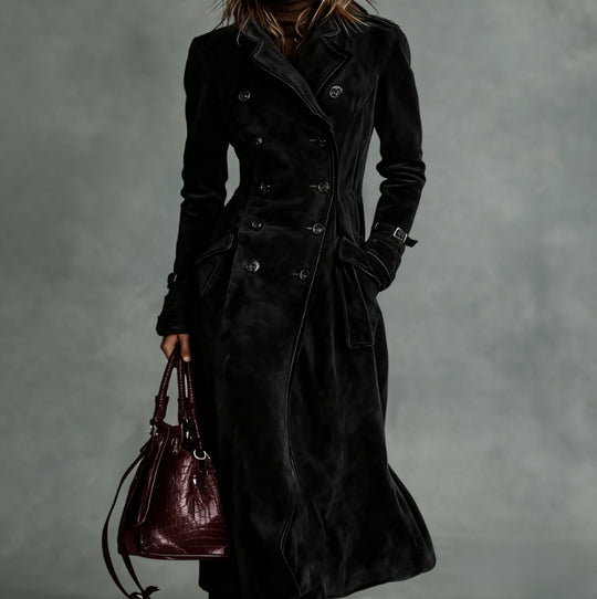Damen Langer Taillierter Trenchcoat aus Veloursleder‑Optik mit doppelreihiger Knopfleiste und Schnallenmanschetten Shop Nory