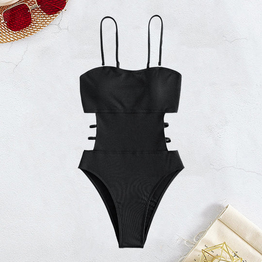 Damen Hochgeschnittener Einteiler Badeanzug mit trendigen Schnürdetails Shopnory