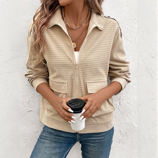 Damen Leichte Waffel-Struktur Zip-Jacke mit Hemdkragen, Schulterpatten & Pattentaschen Shop Nory