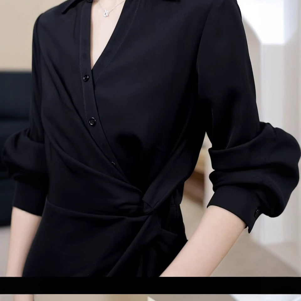 Damen Midikleid im Hemdblusen-Stil mit Taillenbindung und fließender A-Linie Shop Nory