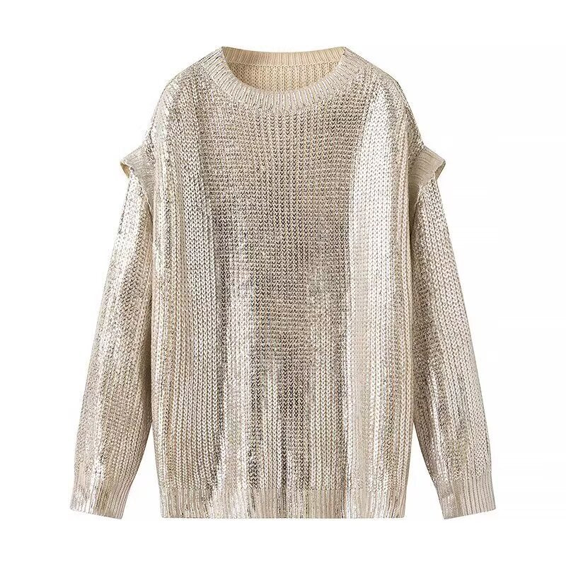 Damen Oversized Strickpullover mit Cut-Out-Schultern und Metallic-Glanz Shop Nory
