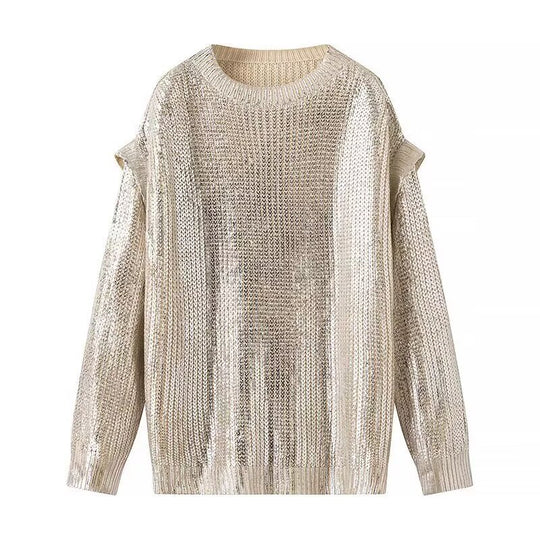 Damen Oversized Strickpullover mit Cut-Out-Schultern und Metallic-Glanz Shop Nory
