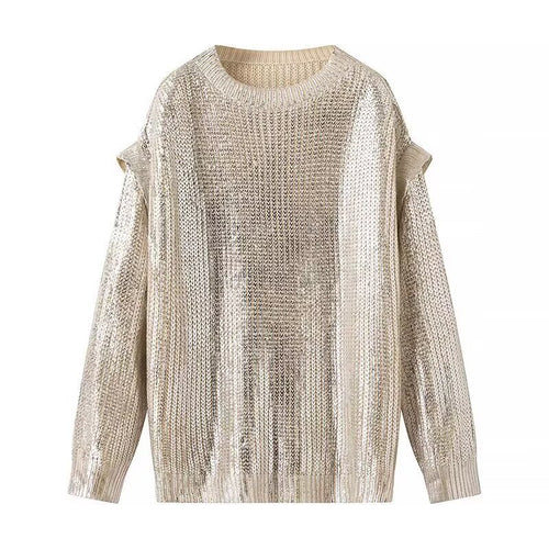 Damen Oversized Strickpullover mit Cut-Out-Schultern und Metallic-Glanz Shop Nory