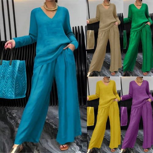 Damen Feiner V-Ausschnitt Strickpullover mit fließender Palazzo-Hose Shop Nory