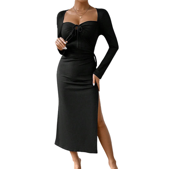 Damen geripptes Midikleid mit herzförmigem Bustier, Tunnelzug‑Bindung und hohem Seitenschlitz Shop Nory