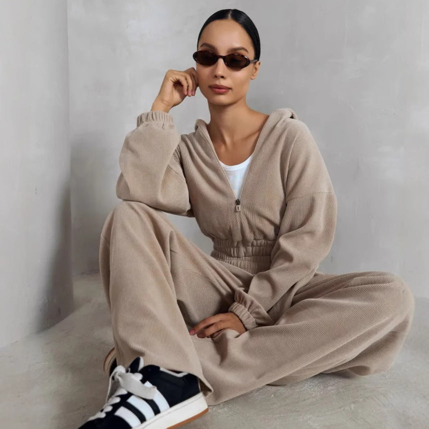 Damen Cropped Kapuzen-Set aus Ripp-Cord mit Gummizugbund und Relax-Jogginghose Shop Nory