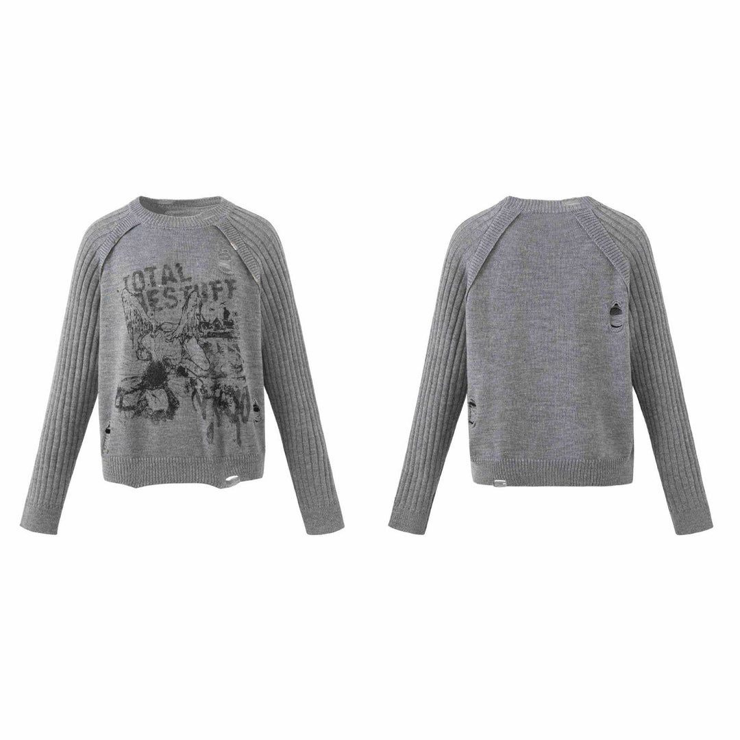 Damen Grobgestrickter Distressed Raglanpullover mit Retro-Grafikprint Shop Nory