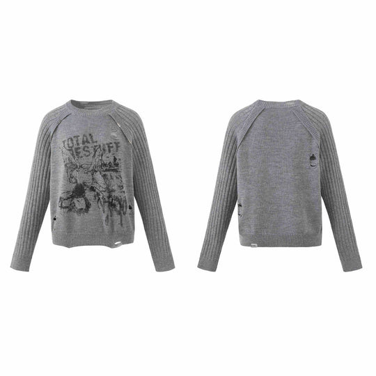 Damen Grobgestrickter Distressed Raglanpullover mit Retro-Grafikprint Shop Nory