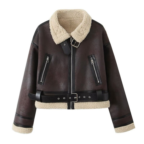 Damen Kurze Aviator‑Jacke aus Lederoptik mit Teddyfutter, Reißverschlusstaschen und Taillengürtel Shop Nory