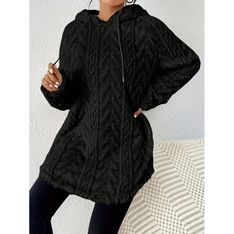 Damen Kuscheliger Teddy-Hoodie mit Zopfmuster Tunnelzug und gerundetem Saum Shop Nory