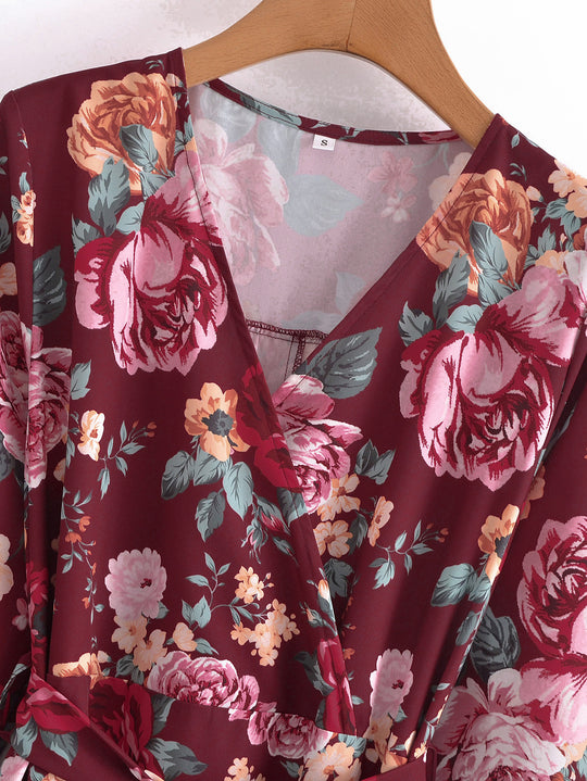 Damen Wickel-Maxikleid mit V-Ausschnitt, Taillengürtel und Stufensaum Shop Nory