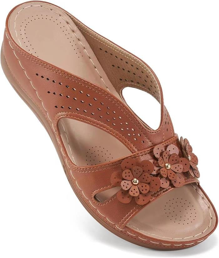 Damen Orthopädische Lederimitat-Pantolette mit Blumen‑Applikation und perforiertem Obermaterial Shop Nory