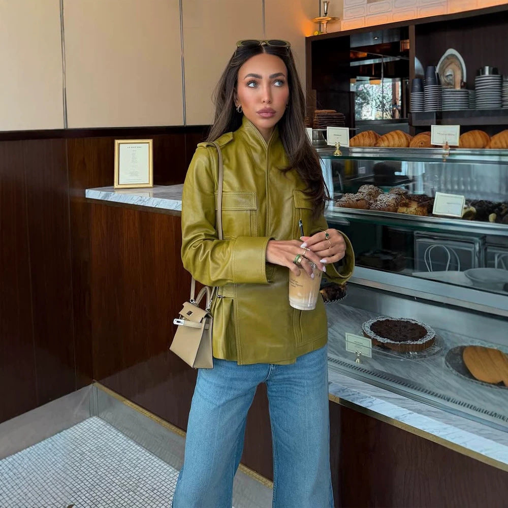 Damen Lederimitat-Utility-Jacke mit Stehkragen, Brustklappen & verdecktem Reißverschluss Shop Nory