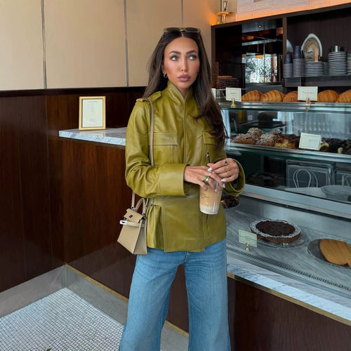 Damen Lederimitat-Utility-Jacke mit Stehkragen, Brustklappen & verdecktem Reißverschluss Shop Nory