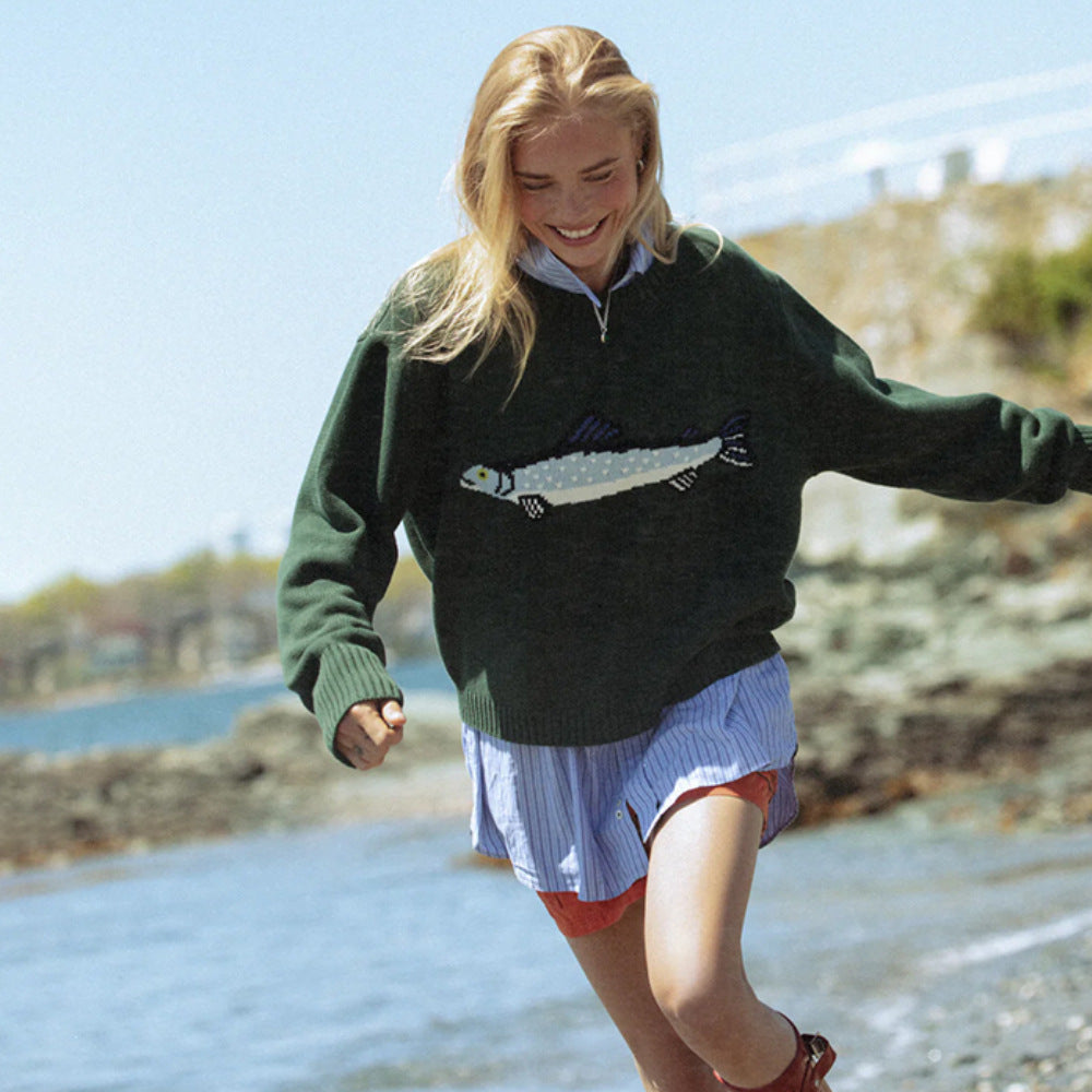 Damen Oversize Strickpullover mit Fisch-Jacquard, Halbkragen und Rippenbündchen Shop Nory