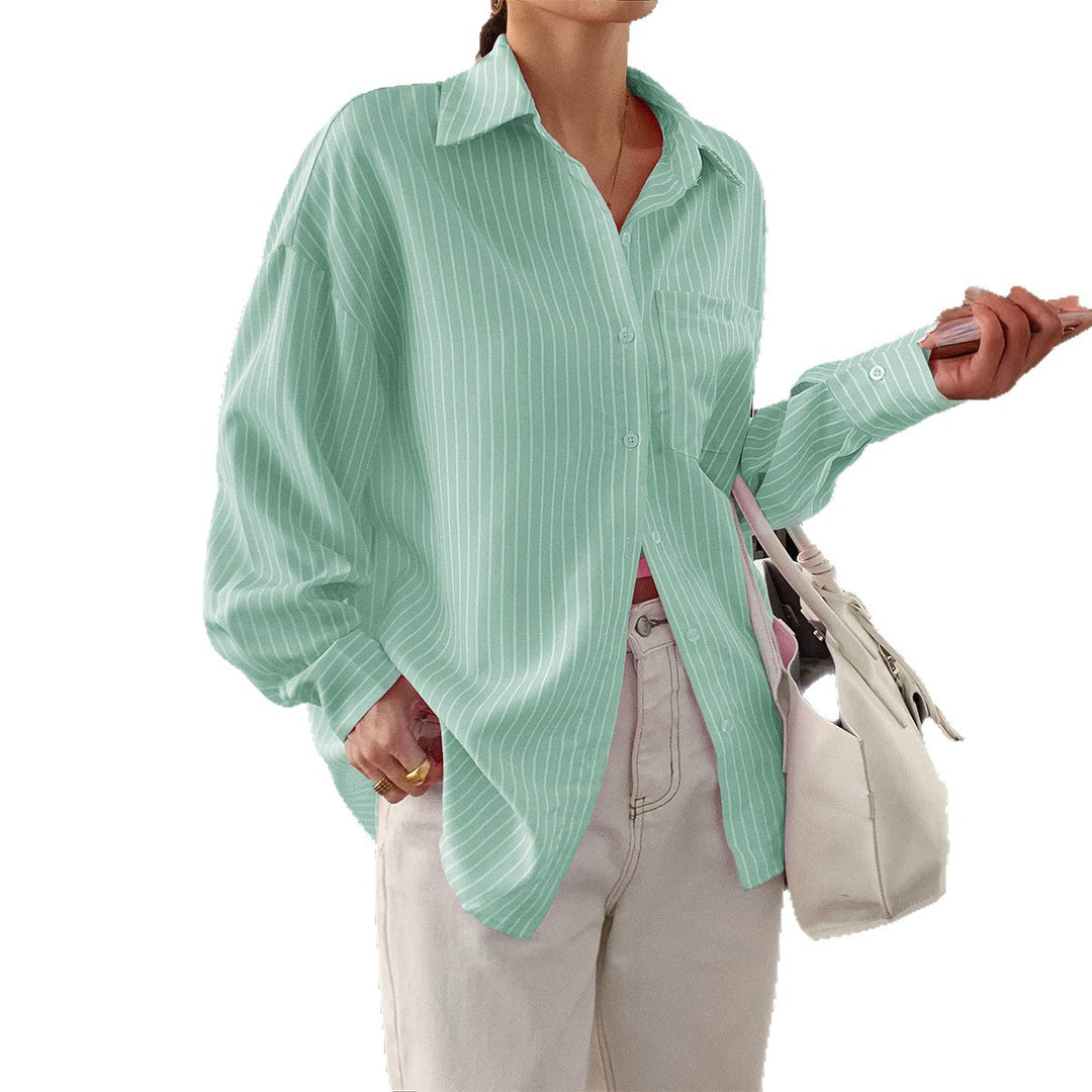 Damen nan locker geschnittene Longbluse mit Kentkragen, Brusttasche und feinem Nadelstreifen Shop Nory