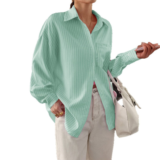 Damen nan locker geschnittene Longbluse mit Kentkragen, Brusttasche und feinem Nadelstreifen Shop Nory
