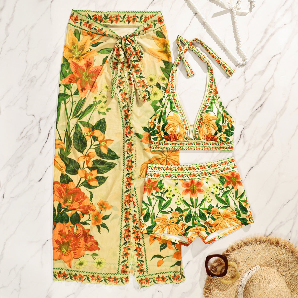 Damen Bikiniset mit floralem langen Überwurf