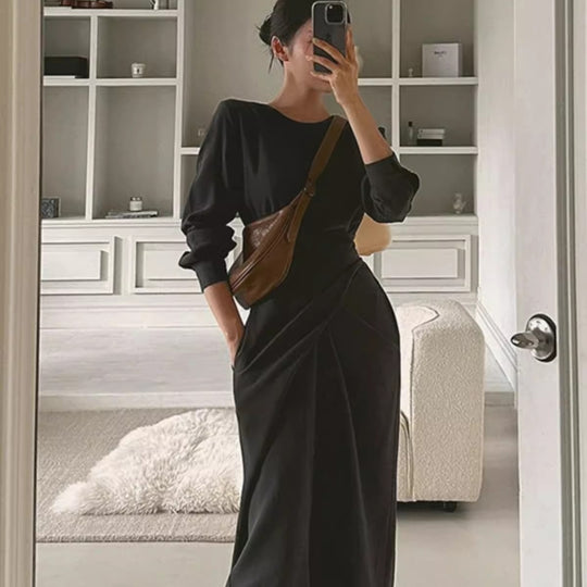 Damen Modernes Longkleid mit überlappender Taillenpasse, verdeckten Eingrifftaschen und kastiger Silhouette Shop Nory