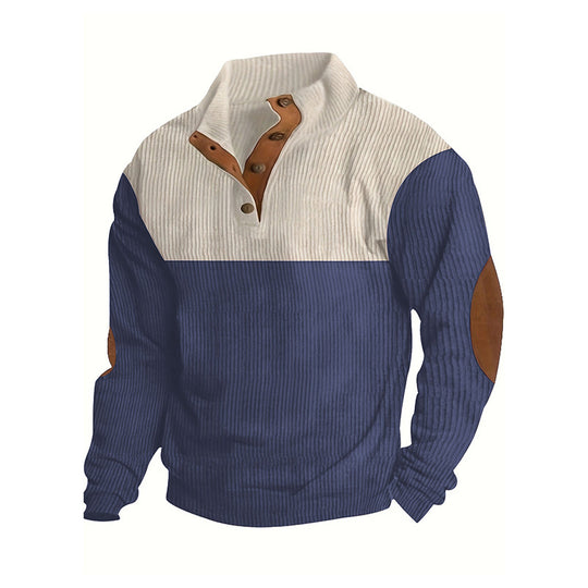 Herren Strukturierter Halbknopf-Pullover mit Stehkragen, Rippenstruktur und Ellenbogen-Patches Shop Nory