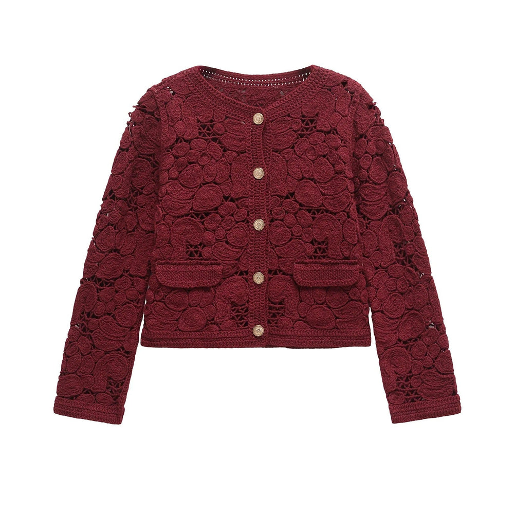 Damen Strickjacke Aus Feiner Spitze mit Dekorativen Knopfdetails und Eleganter Silhouette
