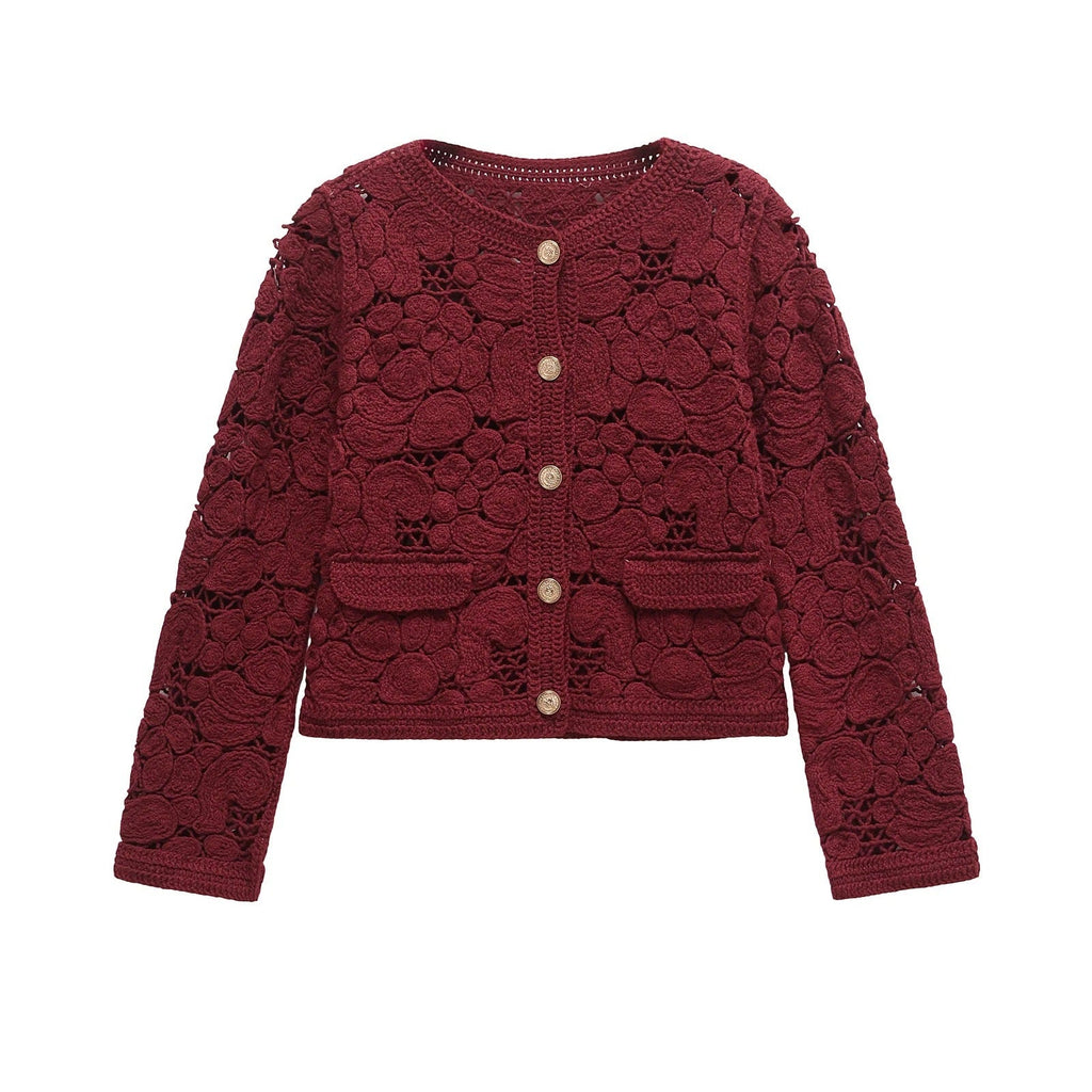 Damen Strickjacke Aus Feiner Spitze mit Dekorativen Knopfdetails und Eleganter Silhouette