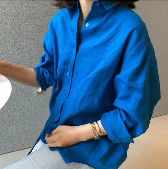 Damen Urbanes Oversize-Leinenhemd mit offenem Kragen und kastiger Silhouette Shop Nory