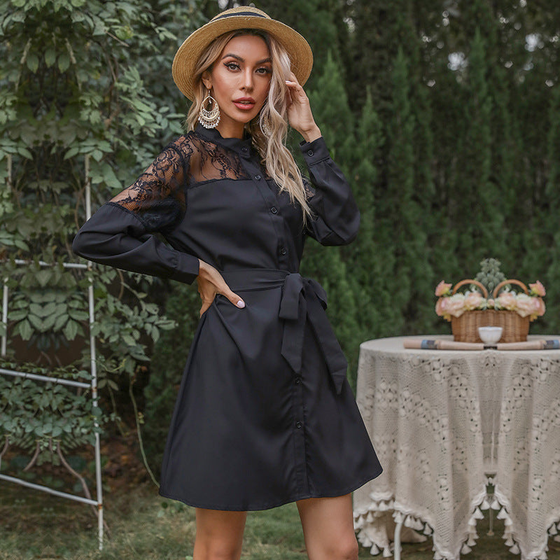 Damen Hemdblusenkleid mit Spitzenpassé, Taillengürtel und A-Linien-Schnitt Shop Nory