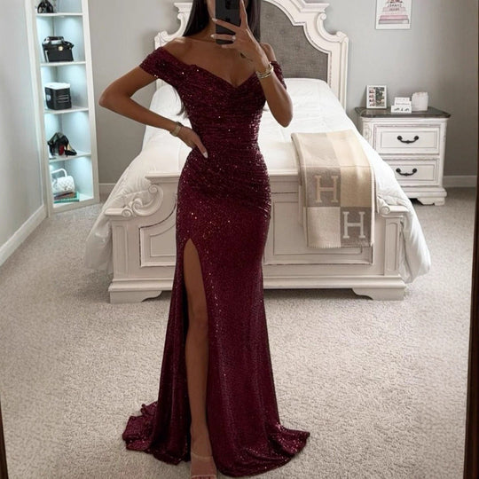 Damen Glamouröses Abendkleid mit schulterfreiem Schnitt und schimmerndem Stoff