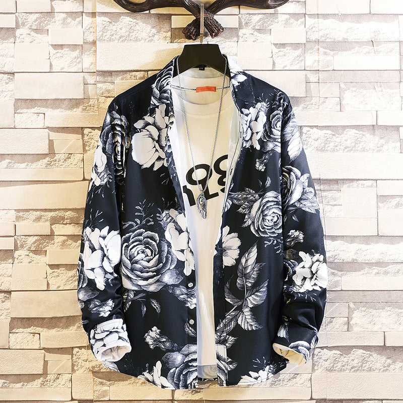 Herren langärmliges Hemd mit offenem Reverskragen, kontrastivem Blumenprint und lässiger Regular-Fit Silhouette Shop Nory