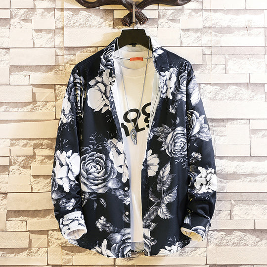 Herren langärmliges Hemd mit offenem Reverskragen, kontrastivem Blumenprint und lässiger Regular-Fit Silhouette Shop Nory