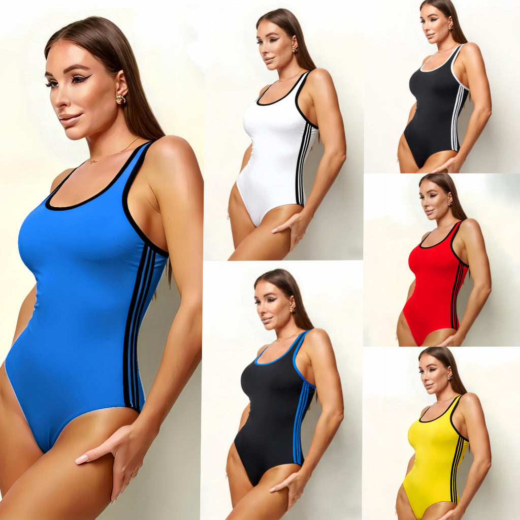 Damen Sportlich eleganter Badeanzug mit kontrastierenden Streifen